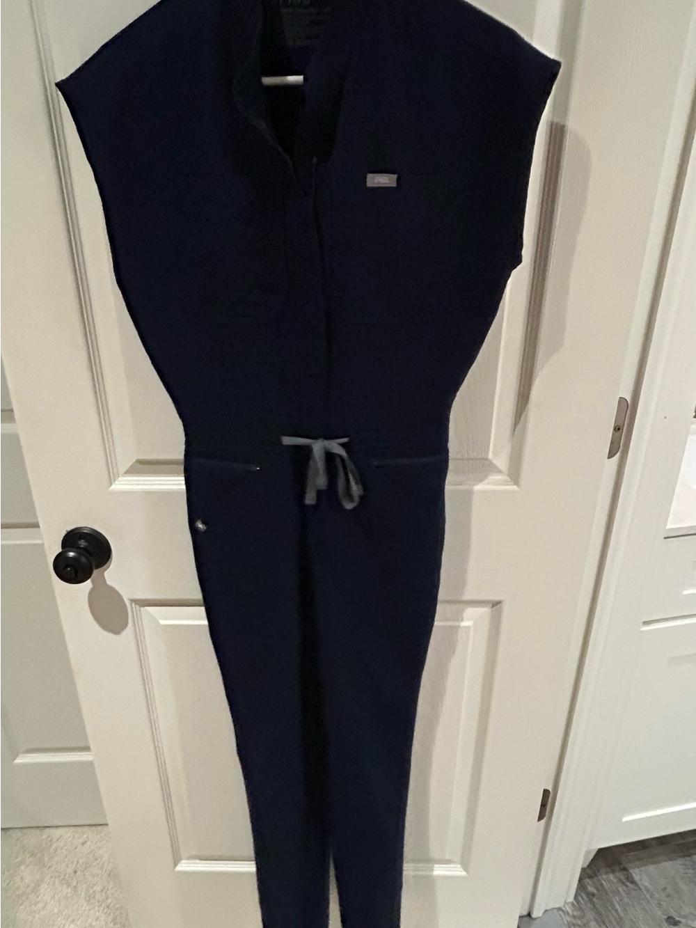 FIGS Navy Zip-Front Scrub Jumpsuit with Drawstring Waist